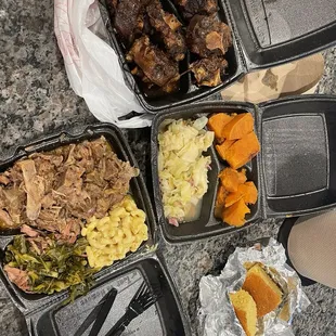 Dinner plates come with 2 sides . Oxtails, cabbage and candied yams. Neck Bones , Mac and cheese and collard greens. And cornbread