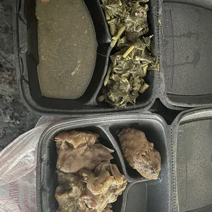 Pig feet's , salisbury steak and two sides of collard greens