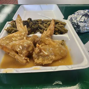 Smothered Chicken, Green Beans, &amp; Collard Greens.