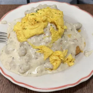 Hot Mess with scrambled eggs and sausage gravy