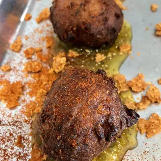 Jalapeño Hush Puppy Donuts with Green Pepper Marmalade and Baked Cheddar Crunchies