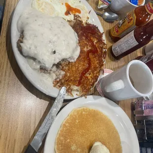 Country Chicken Fried Steak and Eggs, with a side pancake