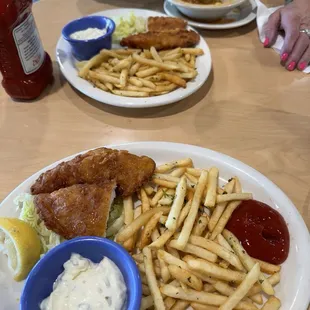 We split Fish and Chips, &amp; it was plenty of food. Each got soup, &amp; it was homemade --delicious!