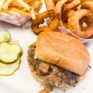 Sliders, onion rings and fries