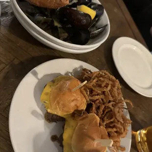 Mussels in white wine sauce.  Waygu sliders.