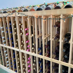 a rack of wine bottles