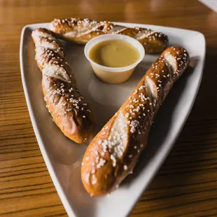 Pretzel app with jalapeño cheese sauce
