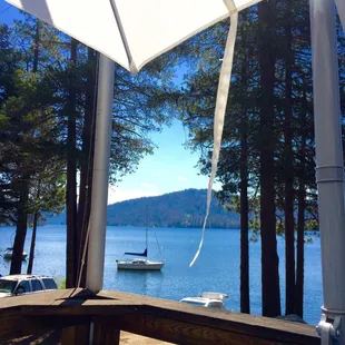Lake view under umbrella and boat launch to our left
