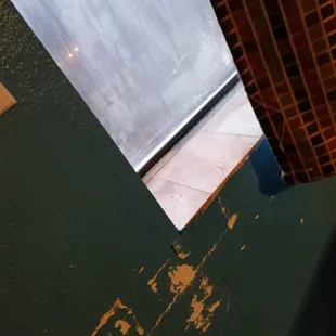 Dirty window, peeling paint, and full of cigarette butts.