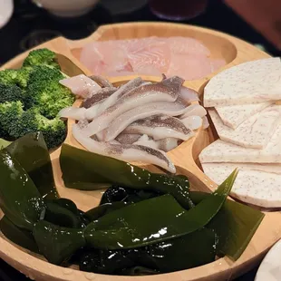 Squid, seaweed, taro, fish and broccoli