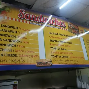 a menu for sandwiches
