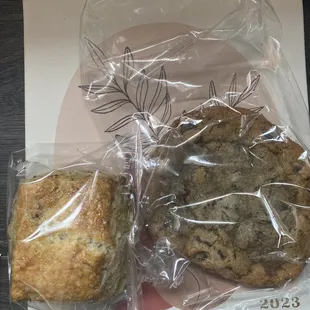 Bacon and cheese scone and chocolate chip cookie