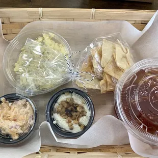 Lunch Trio Basket- Egg Salad, Pimento Cheese, Goat Cheese &amp; Pita Chips with an Iced Mint Tea