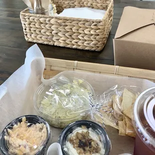 Lunch Trio Basket- Egg Salad, Pimento Cheese, Goat Cheese &amp; Pita Chips with an Iced Mint Tea