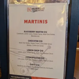 Bar Menu (as of early 2024)