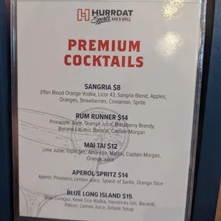 Bar Menu (as of early 2024)