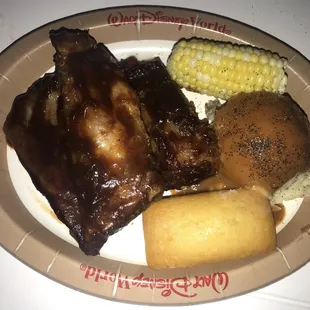 BBQ ribs w cornbread mashed potatoes corn on cob from Hurricane Hannah's pool bar and grill, Disney's Yacht Club Resort, Orlando