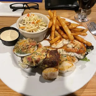 a plate of food with fries and coleslaw