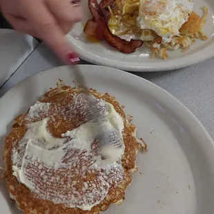 2+2+2 pancakes  - Eggs bacon &amp; hashbrowns-7-23