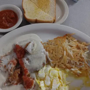 Chicken fried steak - eggs over easy - hash browns -toast and salsa 1-7-22