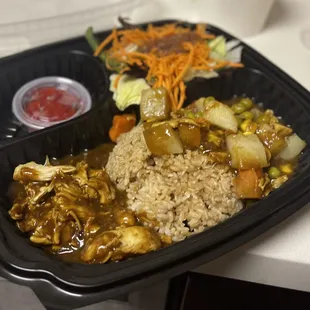 Braised Chicken Curry all white meat; brown rice add veggies. Light eaters portion
