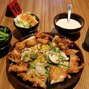 Wafuu Pasta, Edamame, Side Salad, and Mayo based dip. Everything is awesome!