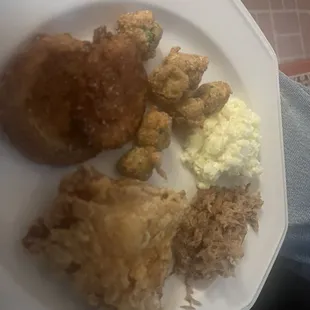 Hursey's broasted chicken, chopped BBQ, slaw - our fried green tomatoes and okra