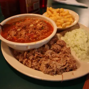 Combination plate #2: Pulled pork with Brunswick stew, cole slaw, and mac &amp; cheese