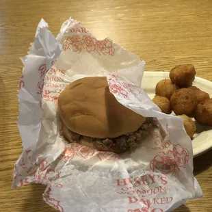 BBQ sandwich and hush puppies
