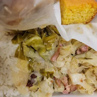 Wednesday special: Cabbage, rice, cornbread,  and fried chicken