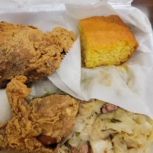 Wednesday special: Cabbage, rice, cornbread,  and fried chicken