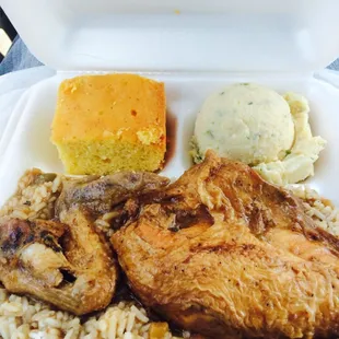 Smothered chicken (white meat) with gravy and rice potato salad and cornbread!!  Saturday only