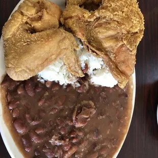 White meat fried chicken, rice and red beans. YUM