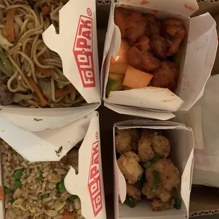 Customizable Spicy Chow Fun Noodles, salt and pepper crispy shrimp, chicken fried rice, and sweet and sour pork.