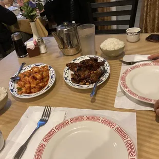 Hot sauce shrimp, green beans, and Kung Pao chicken