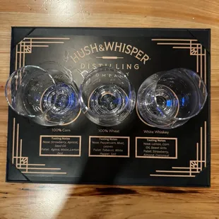 A tasting set for their vodka, gin, and whiskey