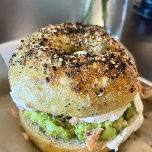 Delicious everything bagel with AVO and smoked salmon! Yum!