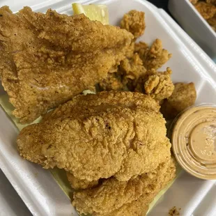 2 piece combo fish &amp; oysters with greens &amp; mac &amp; cheese.