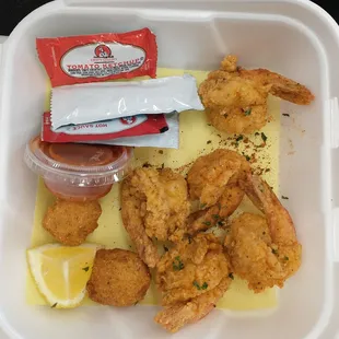 Shrimp basket with potato salad (not shown)