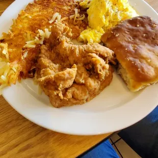 Before and After- chicken breast, hash browns, eggs, biscuit