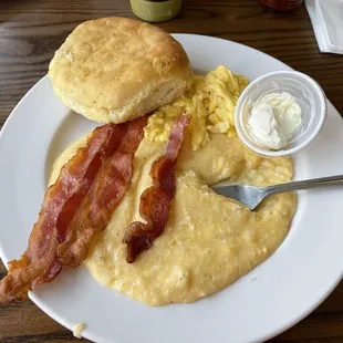 Cheese Grits, Eggs, Biscuit, &amp; Bacon