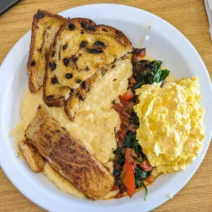 Salmon w/ Grits, Cheese eggs, Raisin Toast, Spinach, and Tomatoes