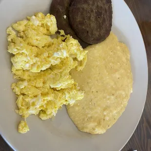 Cheese Grits, Sausage, scrambled eggs