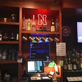 a laptop on a bar