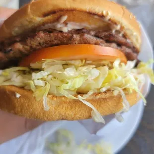 a hand holding a large sandwich
