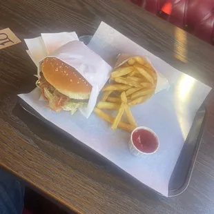 Double bacon cheese burger and fries