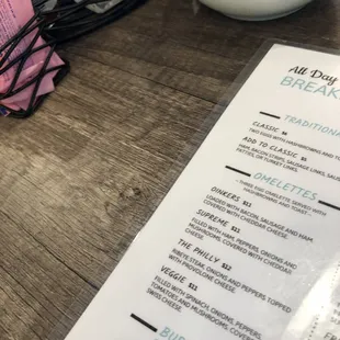 a breakfast menu on a table