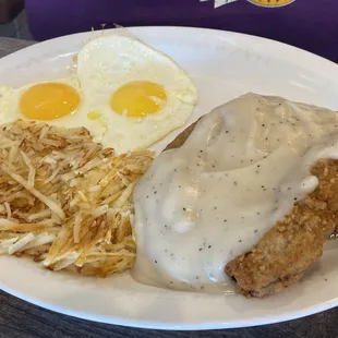 Country Fried Steak and eggs with hash browns