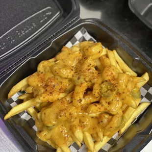 a container of fries with cheese sauce