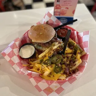 Burger and loaded cheese fries